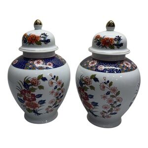 Old Imari Japan Porcelain Vintage Ginger Jar Set of 2 Blue Gold Floral Design